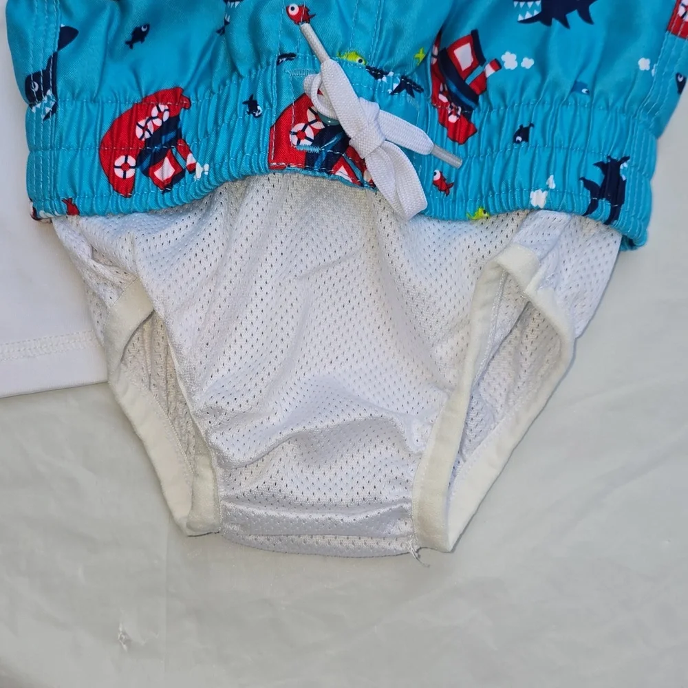 Wave Zone Toddler Boat Rash Guard & Swim Shorts Set - Turquoise, White, Red 18 M
